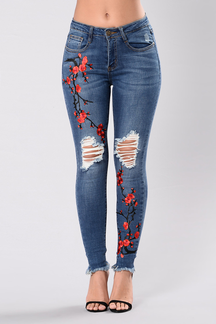 SZ60106 flower embroidered jeans